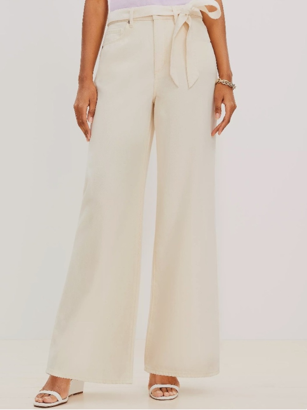 LOFT Light Cream Wide-Leg The Palazzo Tie-Waist Jeans NWOT